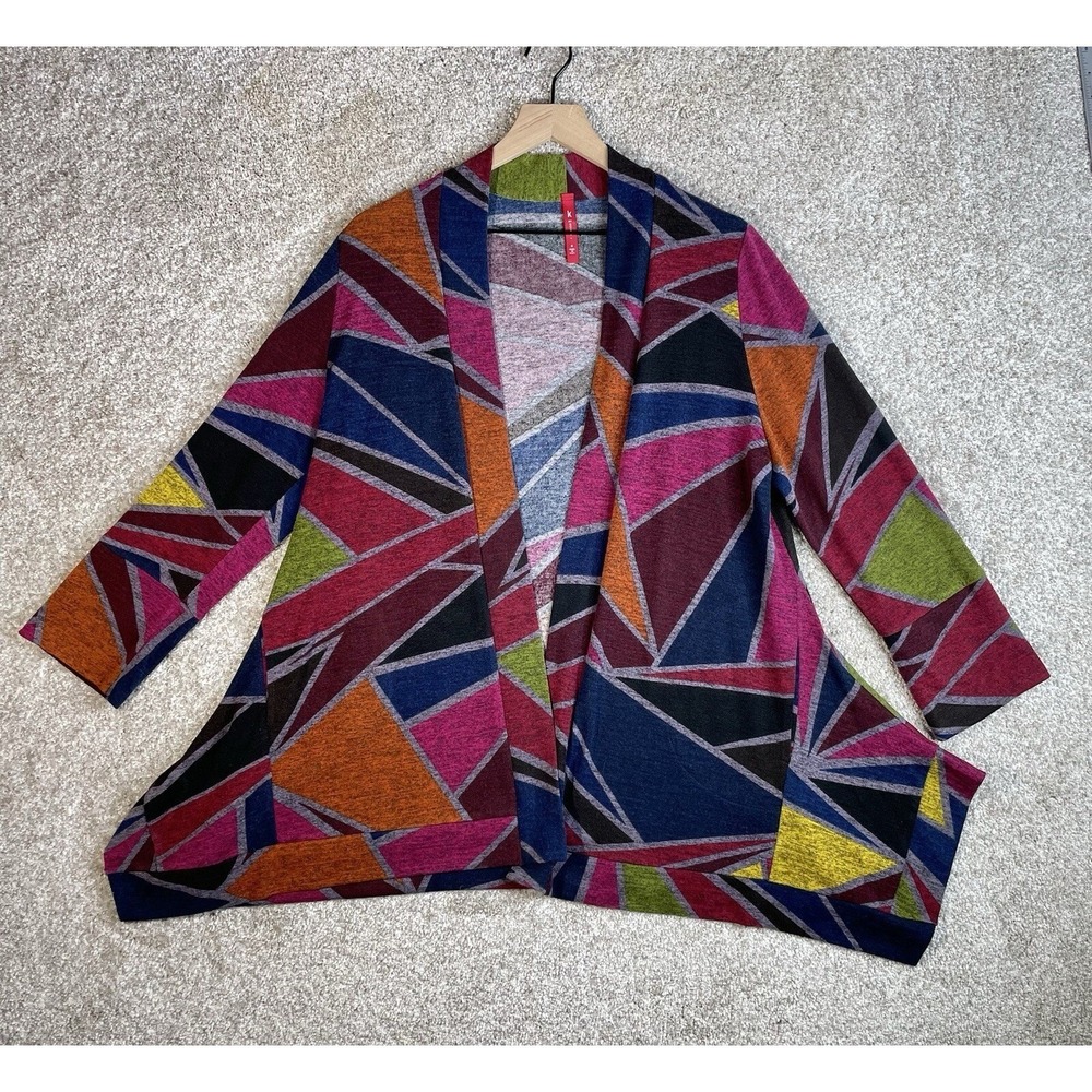 IC‎ by Connie K Cardigan Women Small Multi Color Geometric Open Front Pockets